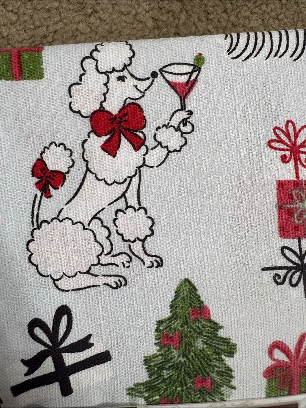 Envogue White Shower Curtain with Red & Green presents, dogs, presents, poodles